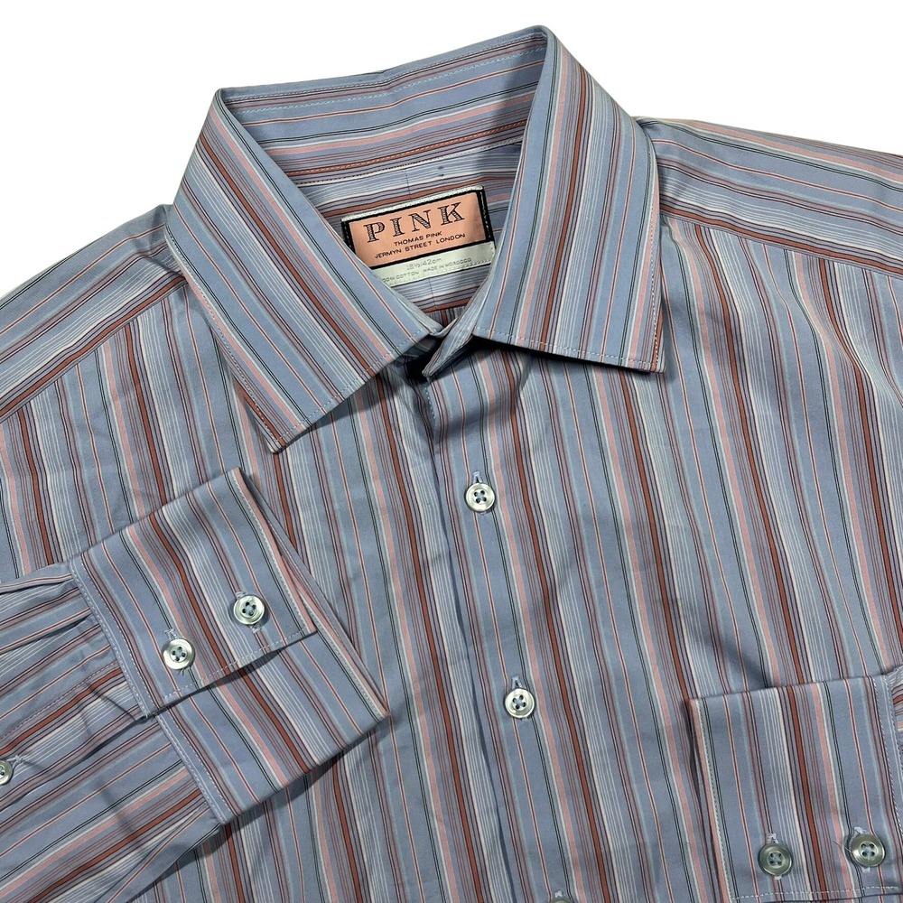 Thomas Pink Dress Shirt Mens 16.5 Blue Pink Striped Jermyn St London Cotton